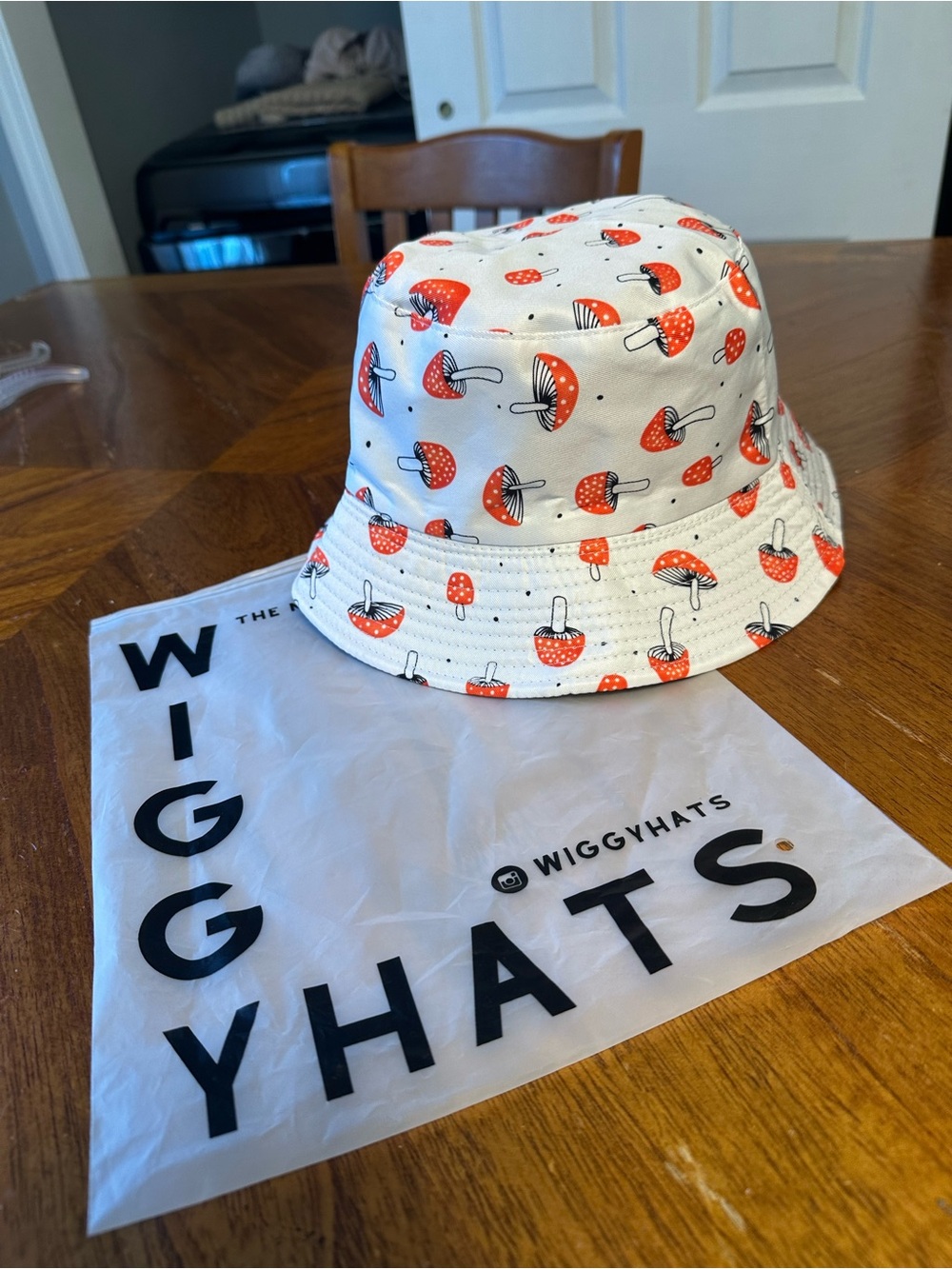 Womens White Bucket Hat with Red Mushroom Print